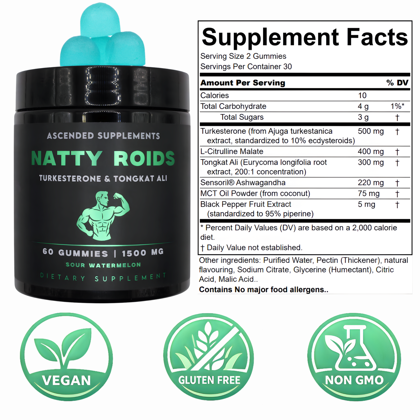 Natty Roids - Turkesterone & Tongkat Ali - 60 Sour Watermelon Flavored Gummies